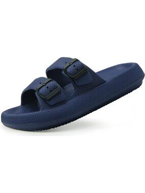 Women's Blue Adjustable Width Pillow Design Double Buckle Flat Slides Slippers